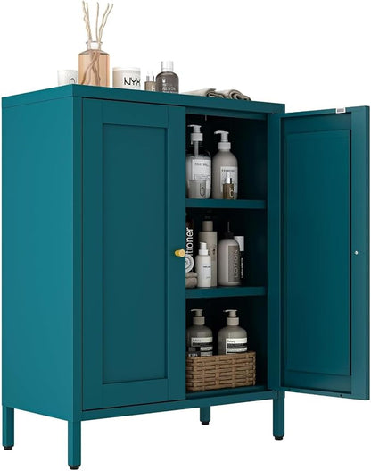 Metal Bathroom Cabinet, Small Floor Storage Cabinet, Freestanding Sideboard with 2 Adjustable Shelves for Living Room, Dining Room, Kitchen (Blue, 31.5" H-2 Doors)