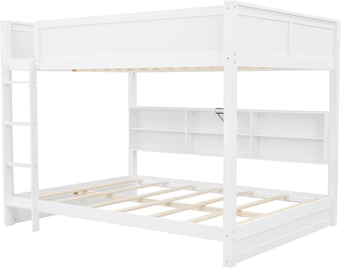 Wood Bunk Bed Queen Over Queen Size with Built-in Storage Cabinets and USB Ports, Versatile Bunk Bed Frame with Ladder and Guardrail for Kids Teens Adult, Maximize Space (White-9.30)
