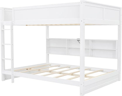 Wood Bunk Bed Queen Over Queen Size with Built-in Storage Cabinets and USB Ports, Versatile Bunk Bed Frame with Ladder and Guardrail for Kids Teens Adult, Maximize Space (White-9.30)