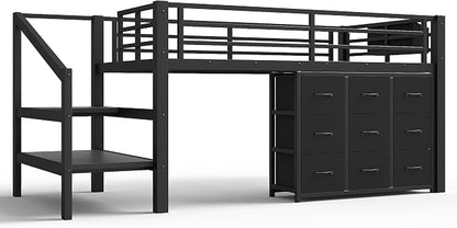 Bellemave Twin Size Low Loft Bed with 9 Fabric Storage Drawers for Kids,Metal Loft Bed Frame with Stairs and LED Lights for Boys Girls,Kids Loft Bed Twin Size,Black