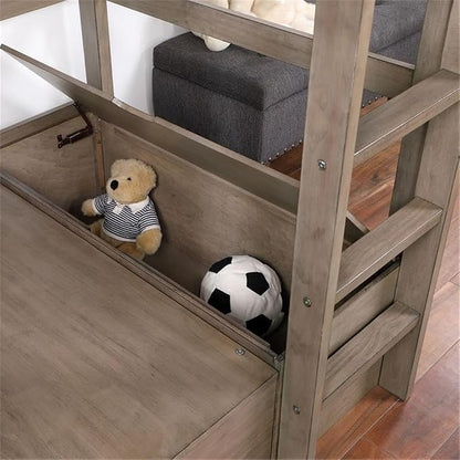 BOWERY HILL Modern Wood Twin Over Workstation Loft Bed, Warm Gray Finish, Solid Wood and MDF, 78.38" L x 43.75" W x 68.75" H, Space-Saving Design with Desk, Reading Nook, Drawer Storage, Transitional