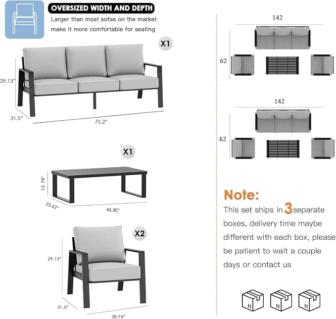Aluminum Outdoor Patio Furniture Set, 4 Piece Sectional Coversation Sets with Coffee Table, Modern Outdoor Sofa Couch with Thick Cushions for Porch, Balcony, Garden, Light Grey