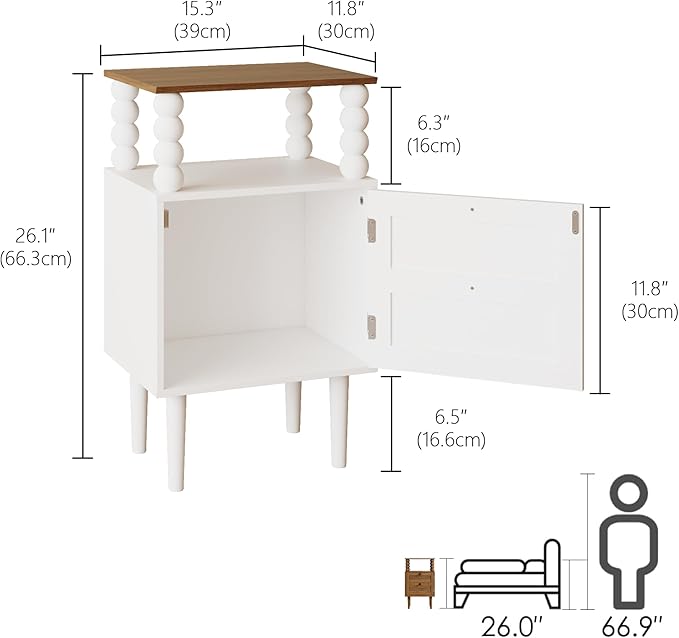 Veegle White Nightstand,Mid-Century Modern Bedside Table with Storage Drawer and Open Wood Shelf, for Bedroom and Small Spaces,Night Stand with Solid Wood Legs (White)