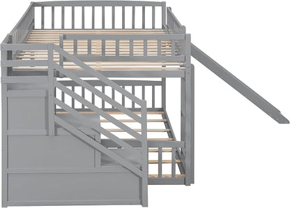 RUNNA Full Over Full Bunk Bed, Staircase with Drawers, Slide, Ladder | full over full bunk bed, staircase with drawers, convertible slide and ladder, solid pine wood, guardrails, no box spring