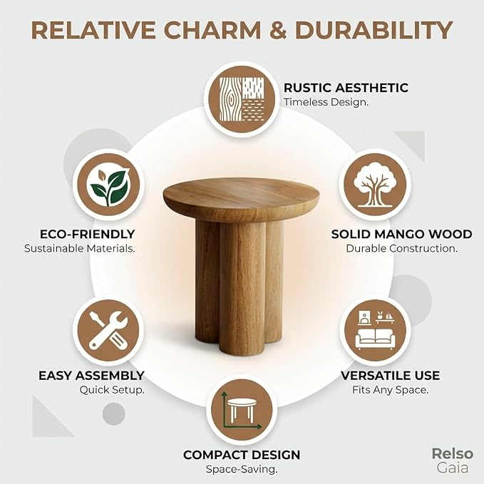 Relso Gaia Round End Table for Living Room and Farmhouse | Solid Mango Wood for Rustic Elegance | Ideal for Side Tables, Nightstands & More | Wood Side Table Round for Bedroom (Natural)