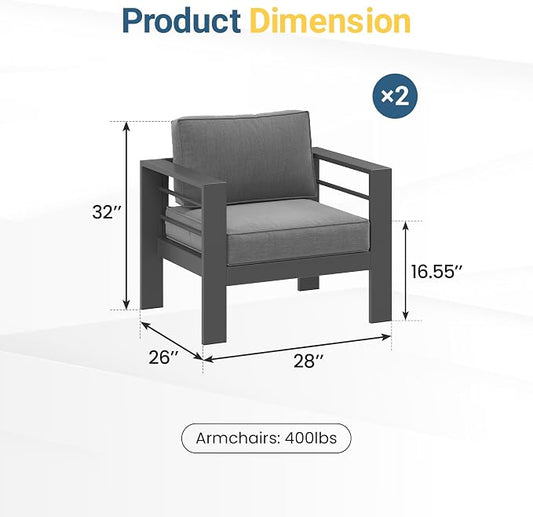 Wisteria Lane Metal Patio Furniture Sofa, All-Weather Outdoor Armchairs Set of 2 with Upgraded Cushions, Weather-Resistant Heavy Duty Modern Outdoor Chairs for Garden, Balcony, Backyard, Dark Grey