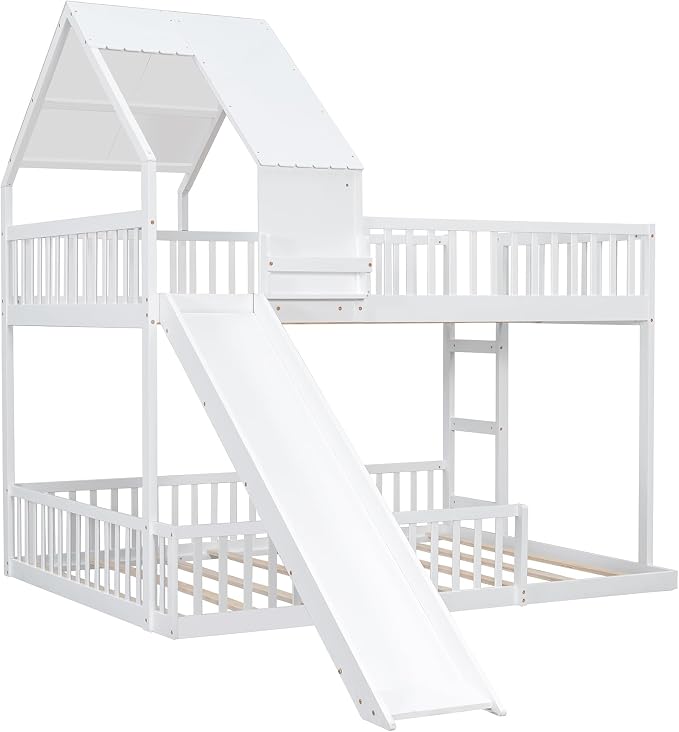 SOFTSEA House Bunk Bed with Slide, Full XL Over Queen Wood Floor Bunk Bed Frame with Roof, Guardrails and Ladder, Space-Saving, White