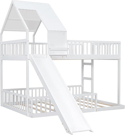 SOFTSEA House Bunk Bed with Slide, Full XL Over Queen Wood Floor Bunk Bed Frame with Roof, Guardrails and Ladder, Space-Saving, White
