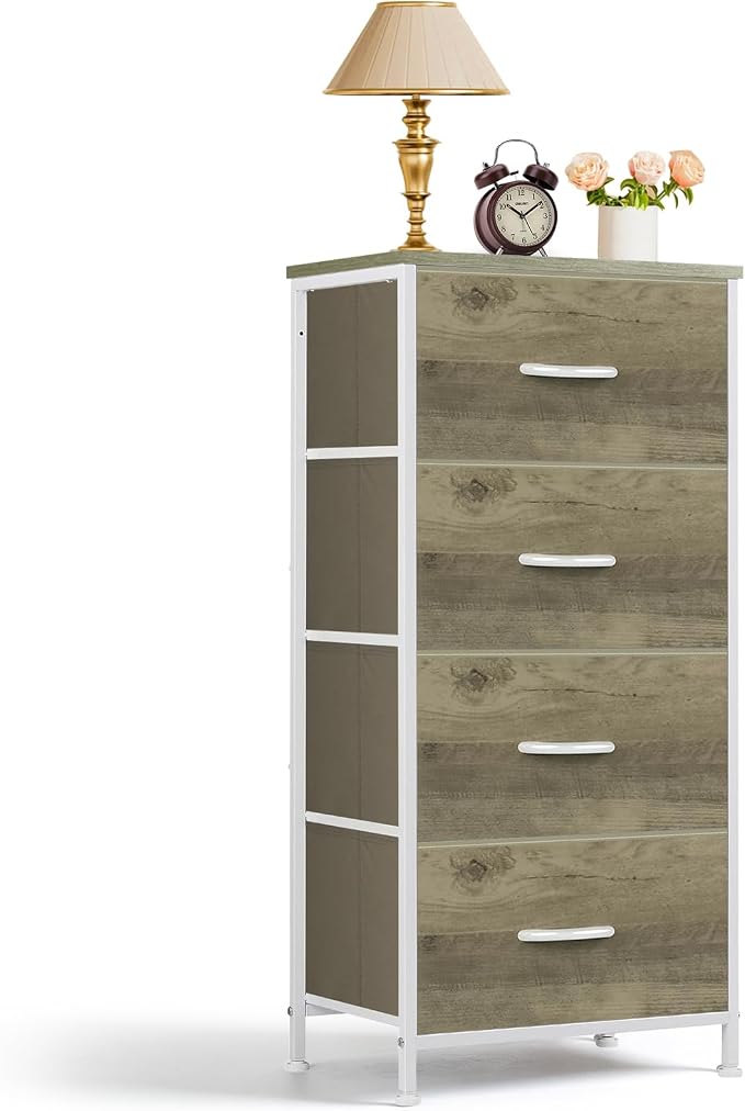4 Drawers Dresser for Bedroom, Fabric Storage Tower Organizer with Wooden Top and Steel Frame, Tall Chest of Drawers for Closet, Entryway, Dorm, Greige Oak
