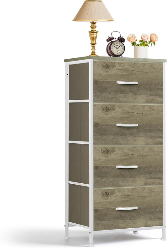 4 Drawers Dresser for Bedroom, Fabric Storage Tower Organizer with Wooden Top and Steel Frame, Tall Chest of Drawers for Closet, Entryway, Dorm, Greige Oak