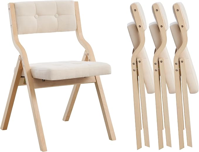 4-Pack Folding Dining Chairs with Cushion,Padded Foldable Dining Chairs,Portable Wooden Folding Chairs with Tufted Buttons Seat for Dining Rooms Kitchen Wedding and Party Indoor Beige