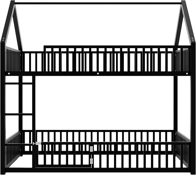 RuiSiSi Twin Over Twin House Bunk Bed, Metal Floor Bunk Beds with Safety Guardrails and Roof for Kids, Twin Bunk Bed Frame with Fenced Rails for Bedroom, No Box Spring Needed, Black