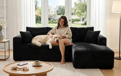 92.5" Modular Sectional Sofa, L-Shaped Cloud Couch with Deep Seats & Chaise, Convertible 4-in-1 Corduroy Boneless Couches for Living Room, Bedroom, No Need Assembly - Black(Right Facing Chaise)