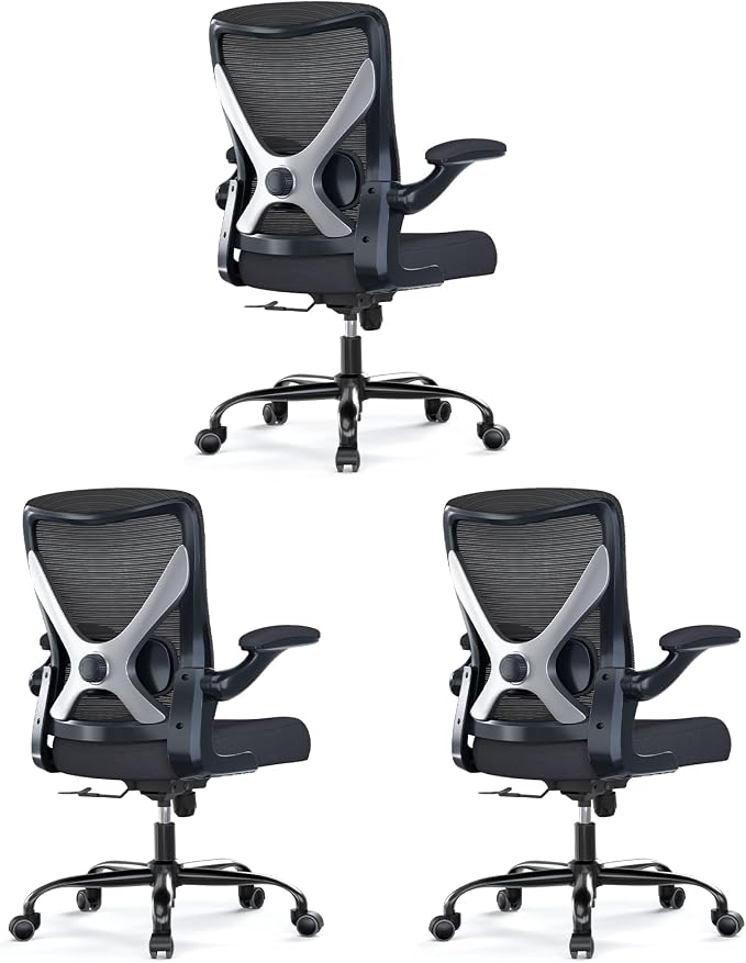 Ergonomic Office Chair - X-Shaped Computer Desk Chairs Comfy, Mesh High-Back Gaming Chair with Adjustable Lumbar Support, Executive Task Chair for Adults, Comfortable for Long Hours, Black, Pack of 3