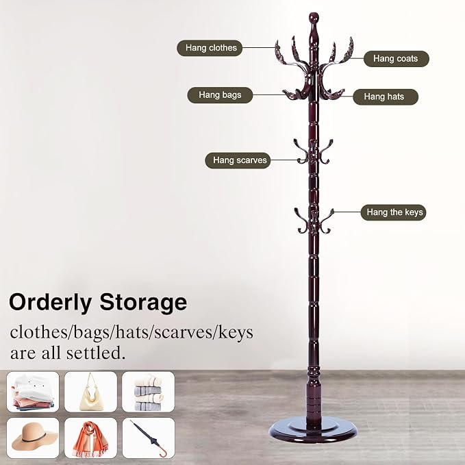 Wooden Coat Rack Freestanding, Hall Tree Hanger With Resin Hooks, Adjustable Heavy Duty Coat Rack for Hanging Clothes Bags Hats in Living Room Bedroom (coat rack, Round Base-Phoenix hook)