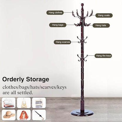 Wooden Coat Rack Freestanding, Hall Tree Hanger With Resin Hooks, Adjustable Heavy Duty Coat Rack for Hanging Clothes Bags Hats in Living Room Bedroom (coat rack, Round Base-Phoenix hook)