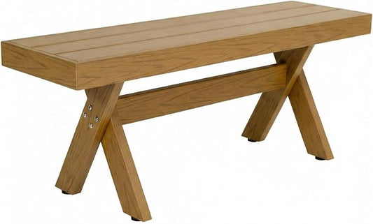 44.5" HIPS Outdoor Dining Bench, X-Shaped Modern Backless 2-Person Seating, All-Weather Patio Bench with Wood Grain Texture, Easy Assembly, Teak