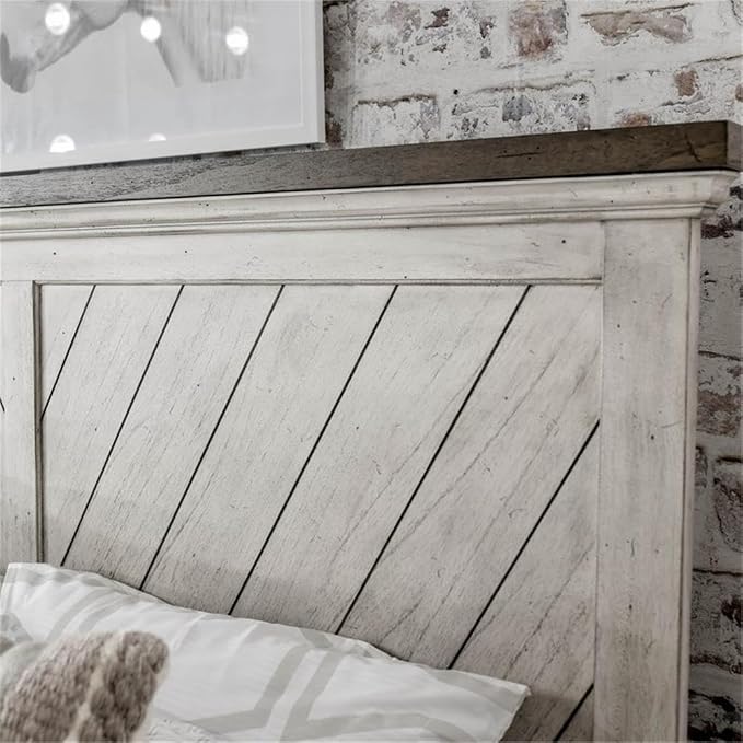 Pemberly Row Contemporary 4-Piece King Bedroom Set, Engineered Wood with Mindi Veneers, Gray Finish, Chevron Pattern, Includes Bed, Dresser, Mirror, Nightstand, Rustic Farmhouse Style