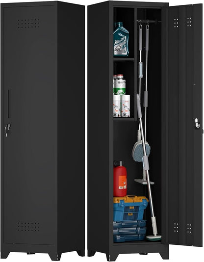 Slim Broom Closet Storage Cabinet, Black Metal Cabinets with Lock and & S-Hooks, Cleaning Supply Cabinet, Utility Closet Cabinets for Garage, Office, Laundry Room