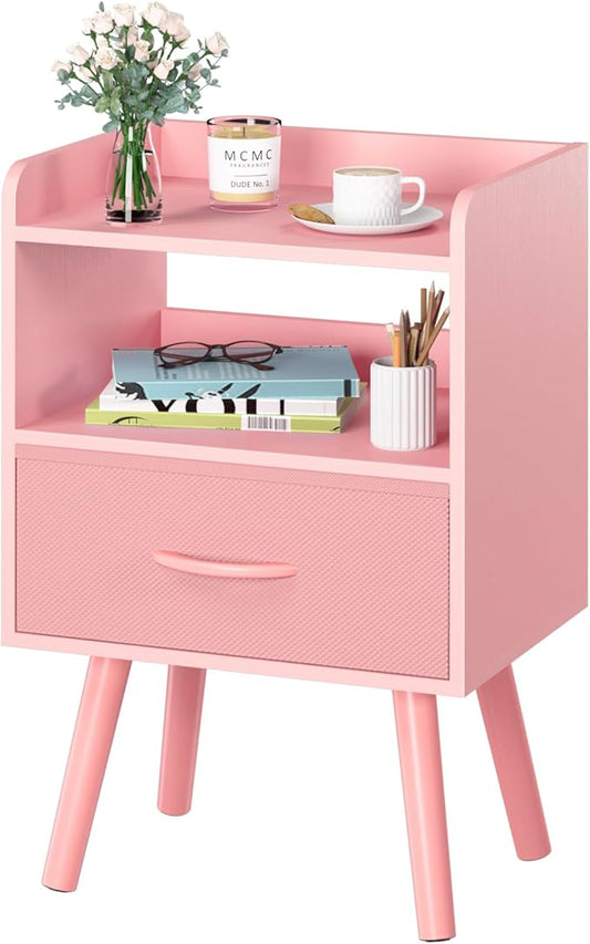 Yoobure Night Stand with Fabric Drawer, Modern Nightstand, Bedside Tables, Mid Century Nightstands with Open Storage Shelf, Wood Bedside Table, Small Night Stands for Bedrooms, 2-Tier Night Table