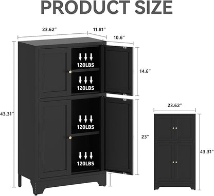 Metal Bathroom Storage Cabinet, Freestanding Pantry Floor Cabinet with 4 Doors and 2 Adjustable Shelves for Living Room, Dining Room, Kitchen