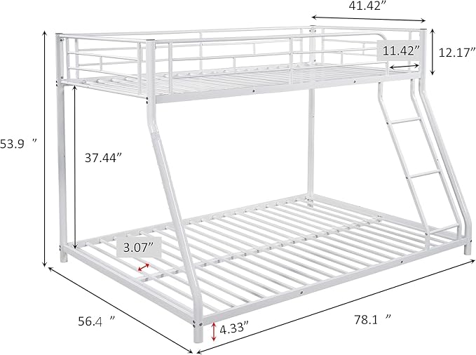EMKK Twin Over Full Bunk Bed Metal Bunk Beds for Teens Adults, Heavy Duty, Twin Over Full Size Bunk Beds with Ladder & Safety Guardrails,No Box Spring Needed,Easy to Assemble,White