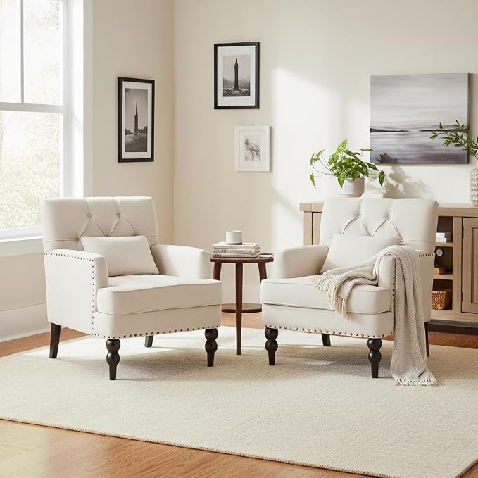 HUIMO Tufted Club Chair Set of 2 with Lumbar Pillow,Accent Chair Upholstered Button Armchair, Linen Fabric Sofa Chairs for Bedroom, Living Room, Mid Century Modern Reading Chair,Beige