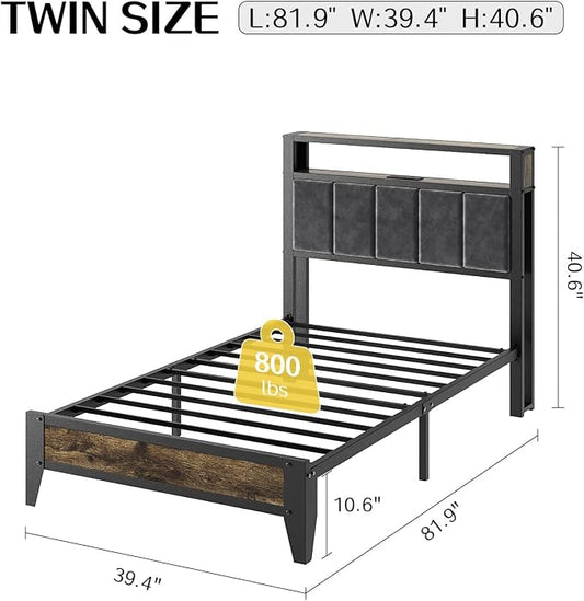 OLEVS Twin Bed Frame with LED Light Storage Headboard and Charging Station Type C, Metal Platform Bed Twin Size,No Box Spring Needed, Noise Free, Easy Assembly