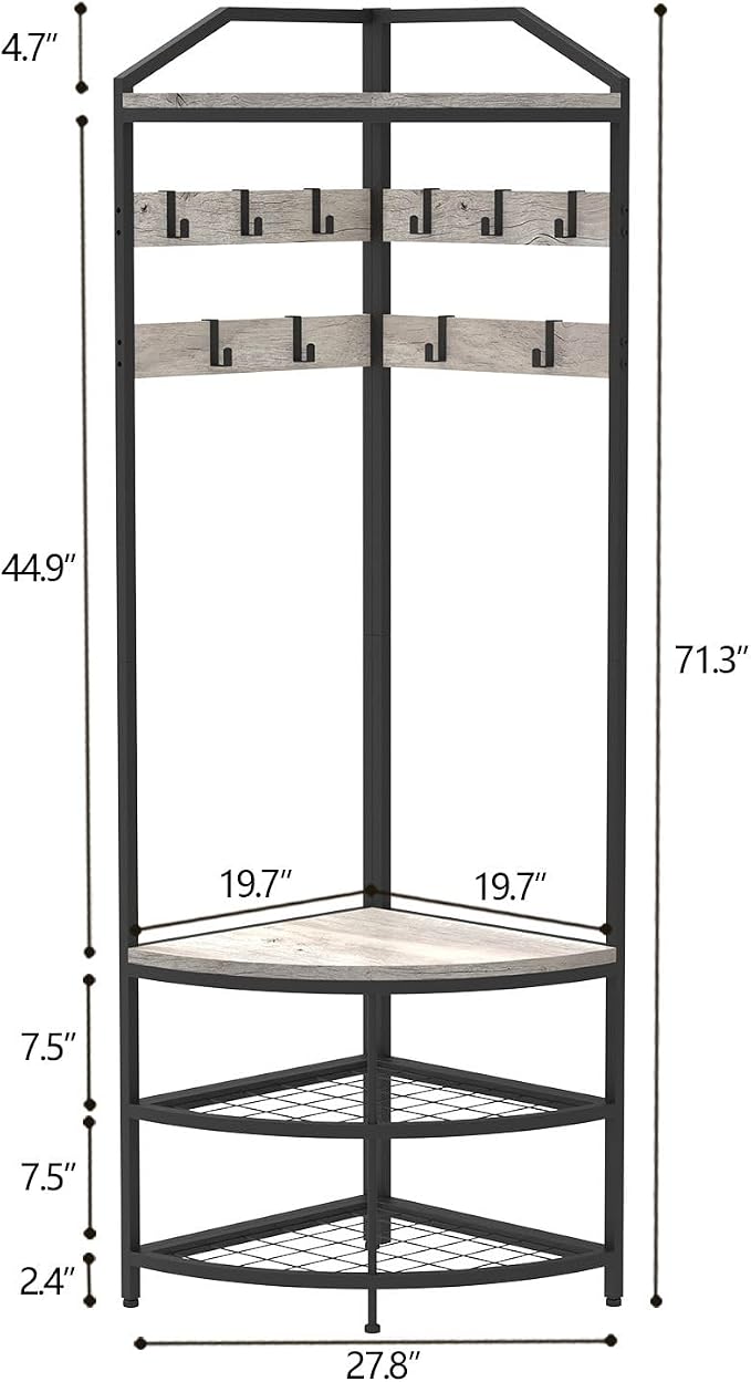 GiftGo Grey Corner Hall Tree with Shoe Bench Entryway Coat Rack with 10 Metal Movable Hooks Rustic Farmhouse Floorstanding Clothes Rack Shoes Shelf Organizer for Home Office Bedroom (Greige)