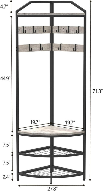 GiftGo Grey Corner Hall Tree with Shoe Bench Entryway Coat Rack with 10 Metal Movable Hooks Rustic Farmhouse Floorstanding Clothes Rack Shoes Shelf Organizer for Home Office Bedroom (Greige)