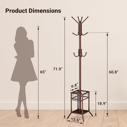ELYKEN Coat Rack Freestanding, Metal Coat Rack with Umbrella Holder | 12 Hooks, Square Base, Heavy Duty Floor Standing Coat Tree for Entryway, Hallway, Living Room, Bedroom, Office, Brown