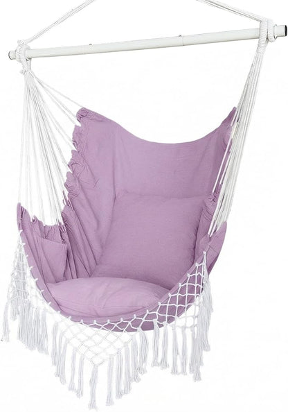 Hammock Chair, Hanging Rope Swing Seat with 2 Cushions,Macrame Hanging Chair Side Pocket with High Load-Bearing Metal Rod,for Indoor, Outdoor, Extra Comfortable (Light Purple)