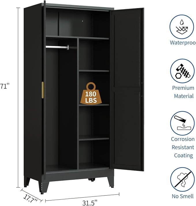 Steel Armoire Wardrobe Closet, 71" Metal Clothing Storage Cabinets with 2 Doors & 3 Adjustable Shelves, Black Wardrobe Cabinet with Hanging Rod for Bedroom, Gym