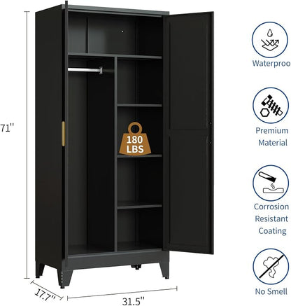 Steel Armoire Wardrobe Closet, 71" Metal Clothing Storage Cabinets with 2 Doors & 3 Adjustable Shelves, Black Wardrobe Cabinet with Hanging Rod for Bedroom, Gym