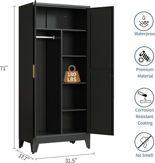 Steel Armoire Wardrobe Closet, 71" Metal Clothing Storage Cabinets with 2 Doors & 3 Adjustable Shelves, Black Wardrobe Cabinet with Hanging Rod for Bedroom, Gym
