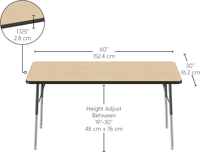 FDP Rectangle Activity School and Office Table (30 x 60 inch), Standard Legs with Swivel Glides, Adjustable Height 19-30 inches; Quick Ship Single Box - Maple Top and Black Edge