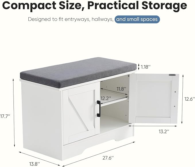 DUMOS 28" Shoe Storage Bench, Entryway Shoe Organizer Cabinet with Padded Seat Cushion, Adjustable Shelf and 2 Doors, Compact Storage Bench for Small Spaces, Hallway, Bedroom, Living Room, White