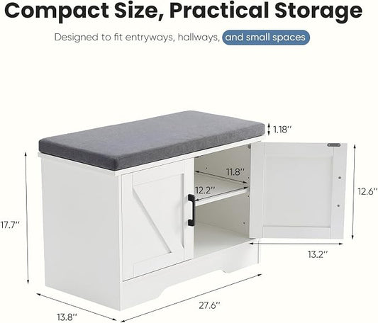 DUMOS 28" Shoe Storage Bench, Entryway Shoe Organizer Cabinet with Padded Seat Cushion, Adjustable Shelf and 2 Doors, Compact Storage Bench for Small Spaces, Hallway, Bedroom, Living Room, White