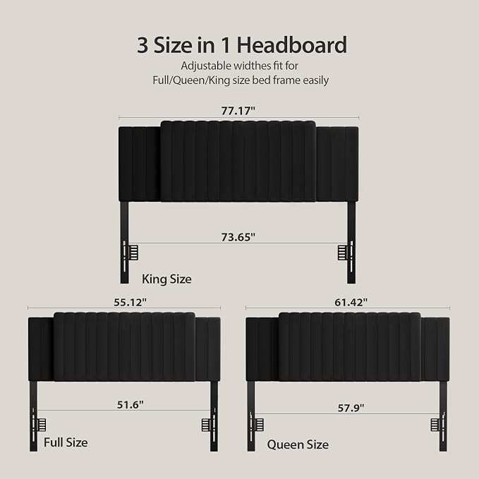 Upholstered Tufted Velvet Headboard, 3 in 1 Headboard for Full/Queen/King Size Bed, Height & Width Adjustable Head Board, Attach Frame, Study & Comfortable, Ideal for Bedroom, Dorm, Guest Room, Black