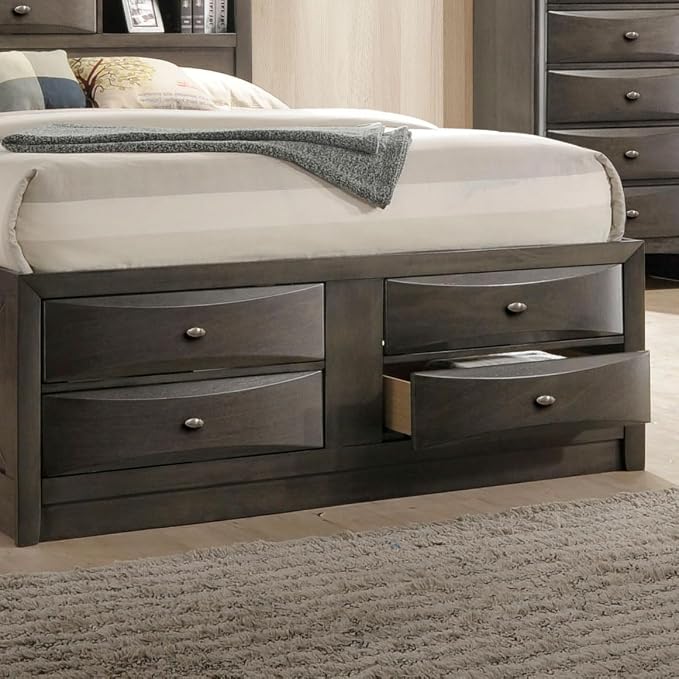 Furniture of America Darius Transitional Solid Wood 3-Piece King Platform Bedroom Set with Drawers, Bookcase Headboard and Knob Pulls, Mattress Ready, Gray