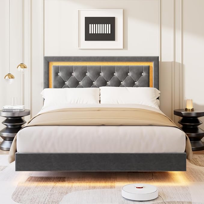 Garvee Floating Bed Frame Full Size with Smart Led Lights, Upholstered Platform Bed with Diamond Headboard, Solid Wood Slats Support, No Box Spring Needed, Noise-Free, Easy Assembly, Grey