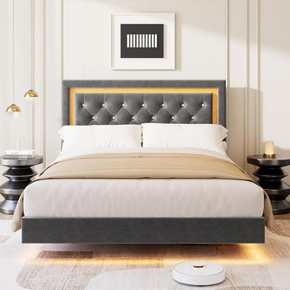 Garvee Floating Bed Frame Full Size with Smart Led Lights, Upholstered Platform Bed with Diamond Headboard, Solid Wood Slats Support, No Box Spring Needed, Noise-Free, Easy Assembly, Grey