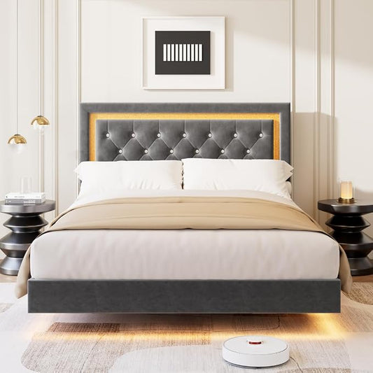 Garvee Floating Bed Frame Full Size with Smart Led Lights, Upholstered Platform Bed with Diamond Headboard, Solid Wood Slats Support, No Box Spring Needed, Noise-Free, Easy Assembly, Grey