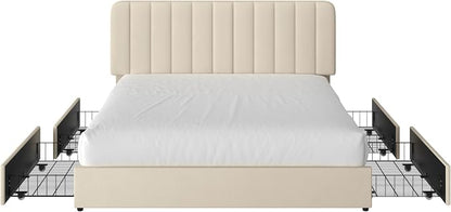 VECELO Full Size Upholstered Bed Frame with 4 Drawers and Headboard, Velvet Platform Storage Bedframe, Wooden Slats Support, No Box Spring Needed,Beige
