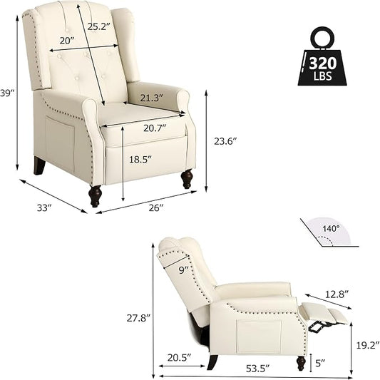 Wingback Recliner Chair with Massage and Heat, Tufted PU Leather Push Back Arm Chair for Living Room Vintage Recliner Chair with Remote Control, Padded Cushion, Backrest (Beige-pu)