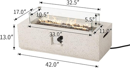 COSIEST Outdoor Propane Fire Pit Coffee Table, 42-inch x 13-inch Terrazzo Rectangle Base Patio Heater w Certified, 50,000 BTU Stainless Steel Burner, Wind Guard, Free Lava Rocks and Rain Cover