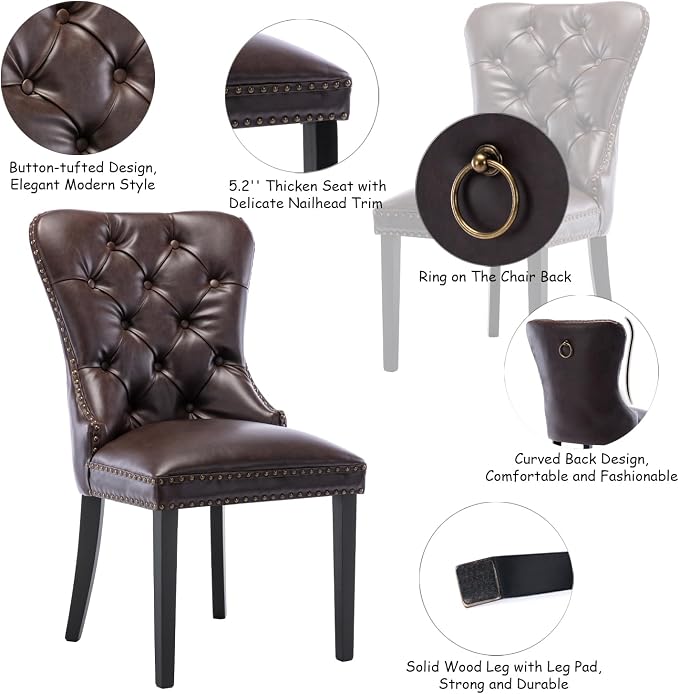 CIMOTA Dark Brown Leather Dining Chairs Set of 6 Mid Century Modern Dining Room Chairs Tufted Upholstered Kitchen Dining Chairs Comfortable Side Chairs with Nailhead Trim/Ring Back (PU Espresso/6PCS)