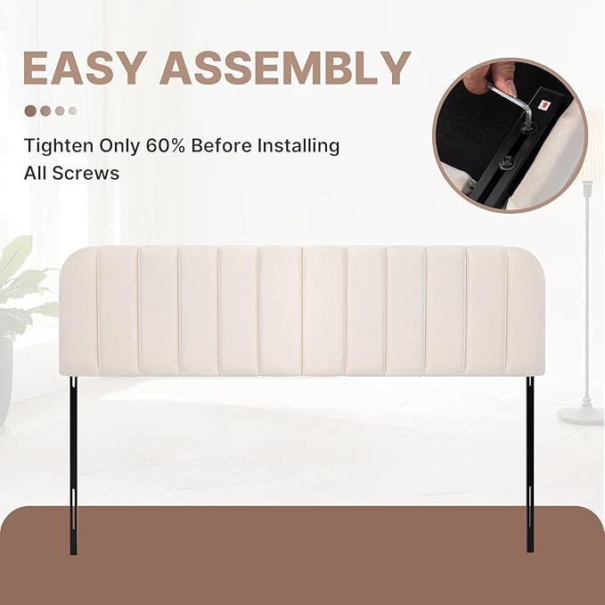 Queen Headboard Only - Upholstered Headboard for Bed, Easy Assembly, Velvet Covered Sponge, Place Between Bed & Wall, Adjustable Metal Legs with Non-Slip Pads, Beige