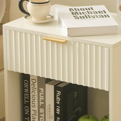 Fultyle White Nightstand, Modern Bedside Table with Drawer and Open Storage, Fluted End Side Table Living Room with Solid Wood Legs for Bedroom (White)