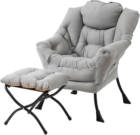 Welnow Lazy Chair with Ottoman, Modern Accent Chair with Armrests and a Side Pocket, Leisure Sofa Armchair Set, Reading Armchair with Footrest for Small Space, Light Grey